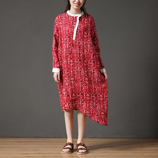 Linen Autumn Red Stand Collar Long Sleeve Flower Retro Dress