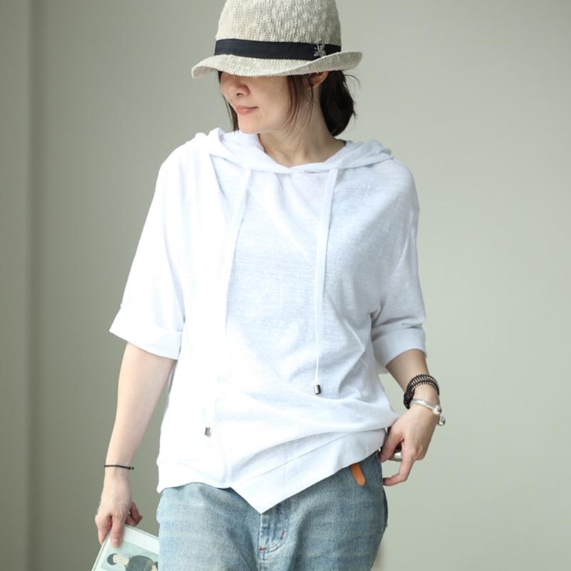 Linen Casual Batwing Sleeve Hooded Blouse