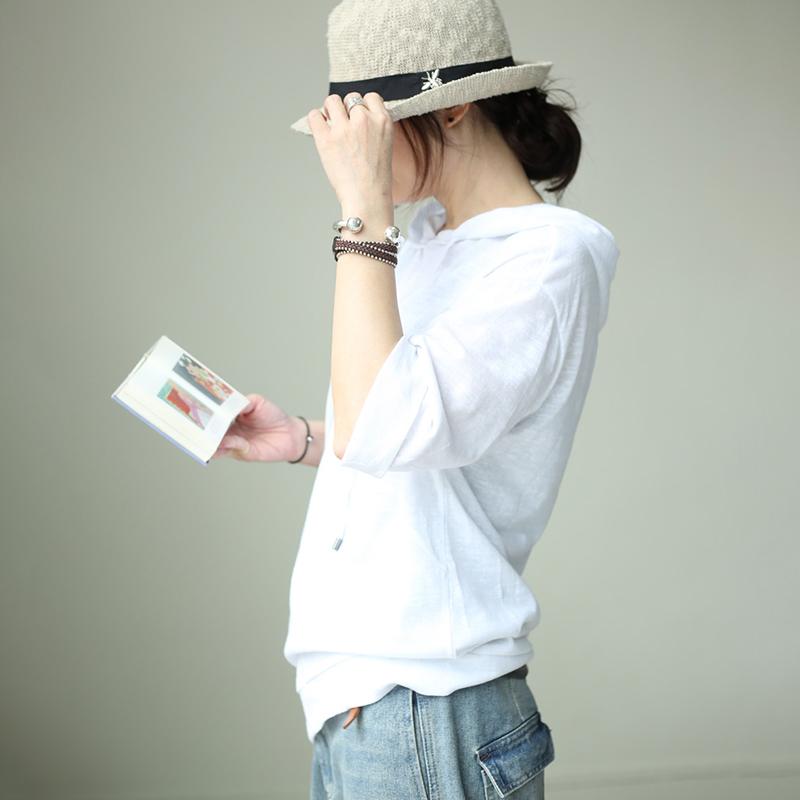 Linen Casual Batwing Sleeve Hooded Blouse