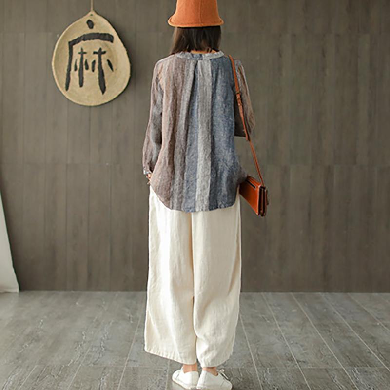 Linen Embroidery Striped Vintage Women Blouse