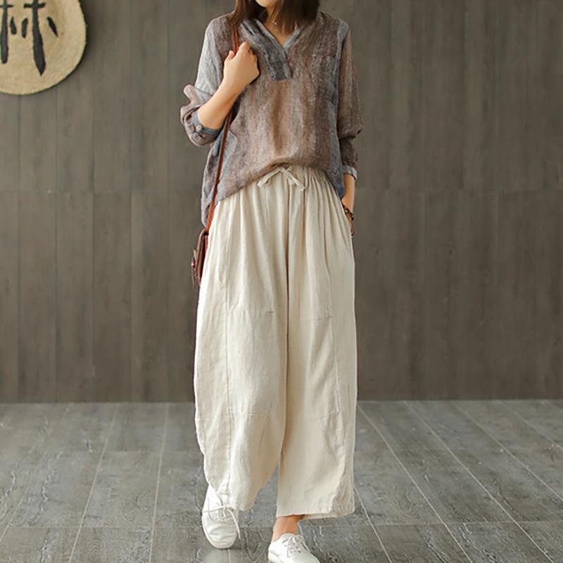 Linen Embroidery Striped Vintage Women Blouse