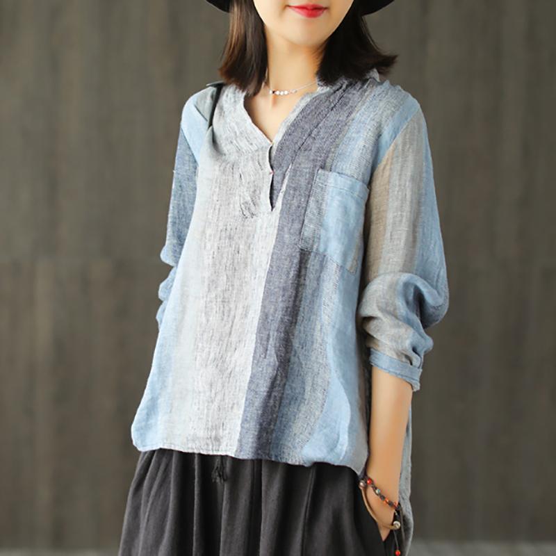 Linen Embroidery Striped Vintage Women Blouse