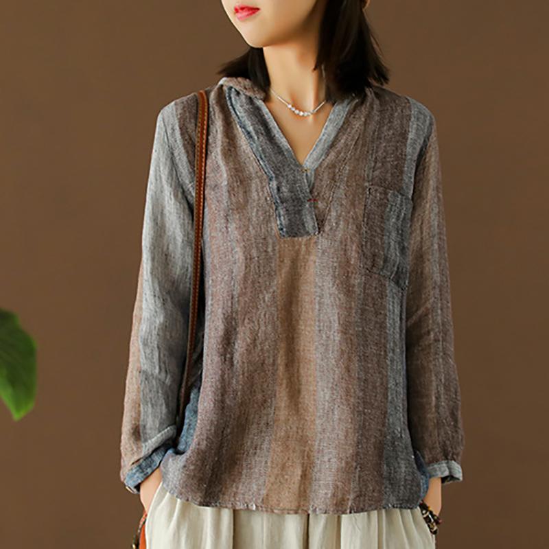 Linen Embroidery Striped Vintage Women Blouse