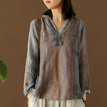 Linen Embroidery Striped Vintage Women Blouse