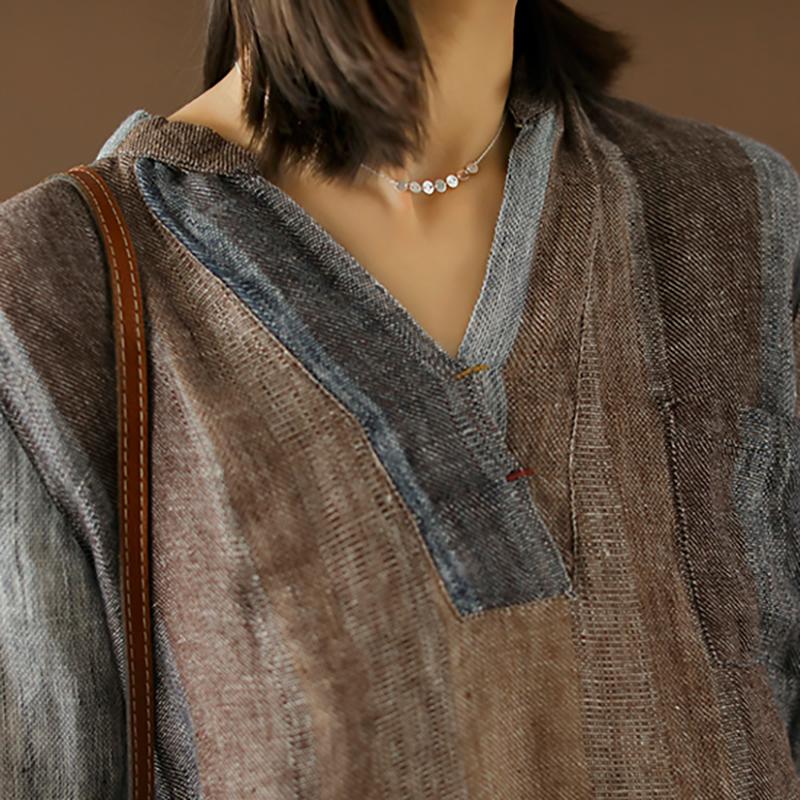 Linen Embroidery Striped Vintage Women Blouse