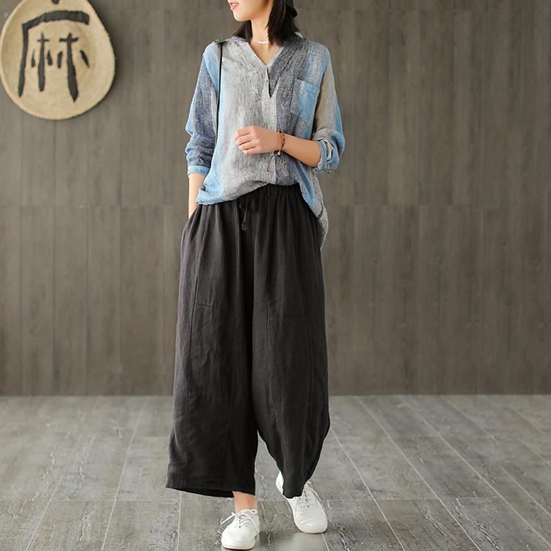 Linen Embroidery Striped Vintage Women Blouse