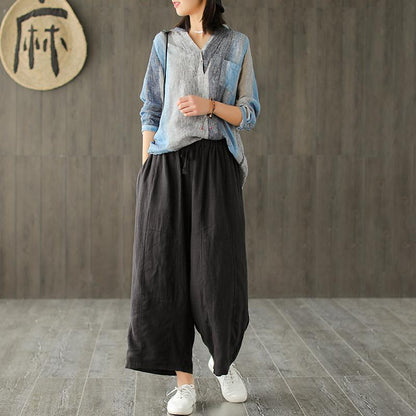 Linen Embroidery Striped Vintage Women Blouse