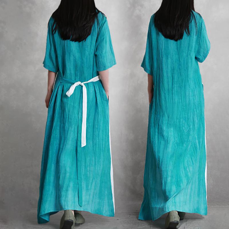 Linen Half Sleeve Pleated Spliced Dress