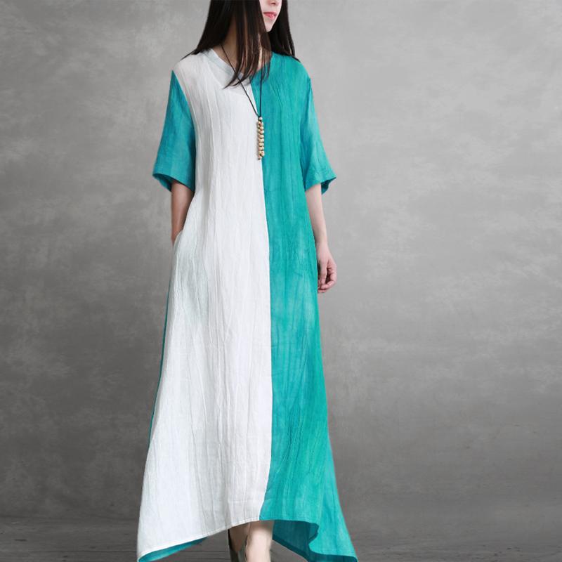Linen Half Sleeve Pleated Spliced Dress