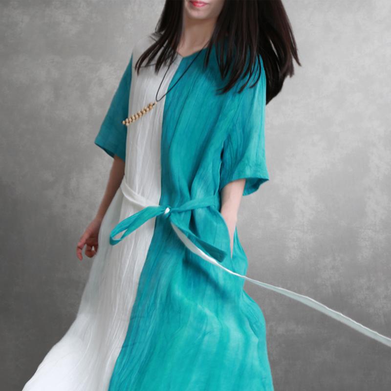 Linen Half Sleeve Pleated Spliced Dress