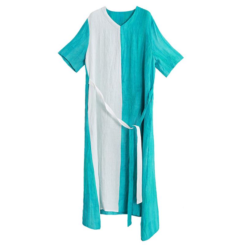 Linen Half Sleeve Pleated Spliced Dress