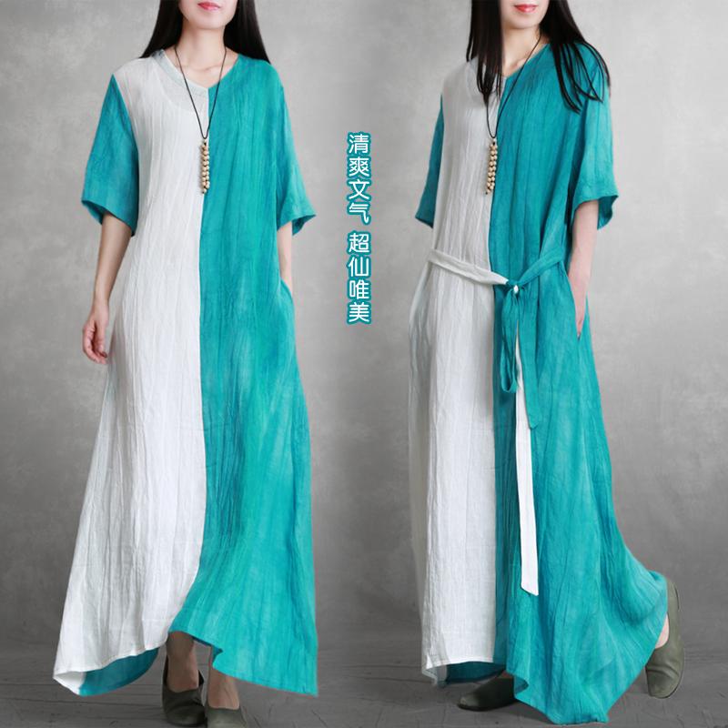 Linen Half Sleeve Pleated Spliced Dress