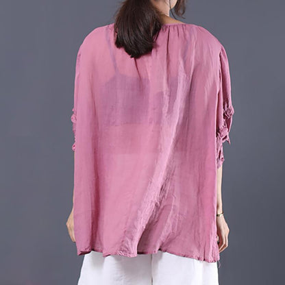 Linen Irregular Embroidery Drawstring Lantern Sleeve Blouse