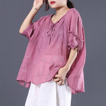 Linen Irregular Embroidery Drawstring Lantern Sleeve Blouse