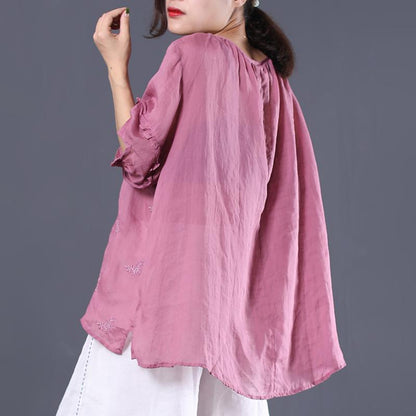 Linen Irregular Embroidery Drawstring Lantern Sleeve Blouse