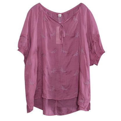 Linen Irregular Embroidery Drawstring Lantern Sleeve Blouse