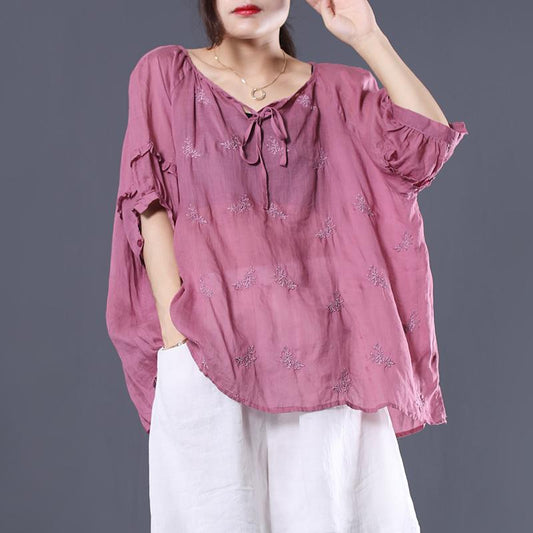 Linen Irregular Embroidery Drawstring Lantern Sleeve Blouse