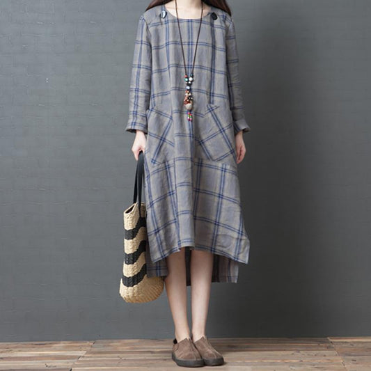 Linen Loose O-neck Plaid Midi Dress