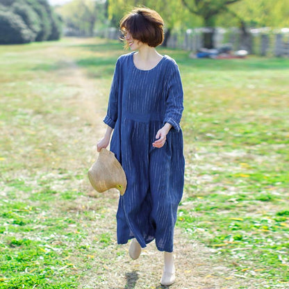 Linen Loose Solid Round Neck Plus Size Dress