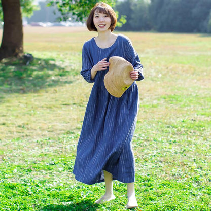 Linen Loose Solid Round Neck Plus Size Dress