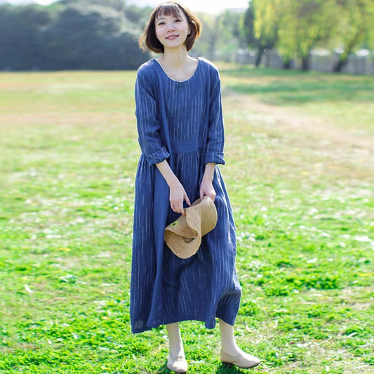 Linen Loose Solid Round Neck Plus Size Dress