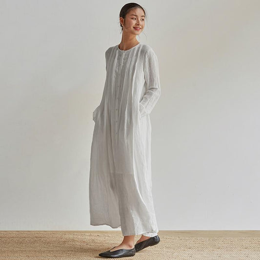 Linen Organ Pleats Solid Color Elegant Dress