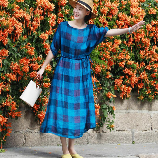 Linen Plaid Pleated Half Sleeve Plus Size Dress