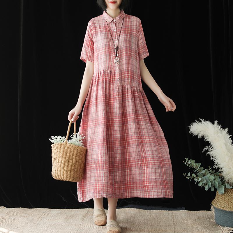 Linen Plaid Short Sleeve Casual Dress