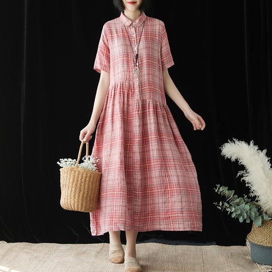Linen Plaid Short Sleeve Casual Dress