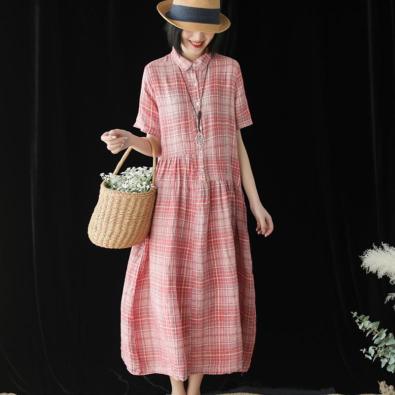 Linen Plaid Short Sleeve Casual Dress