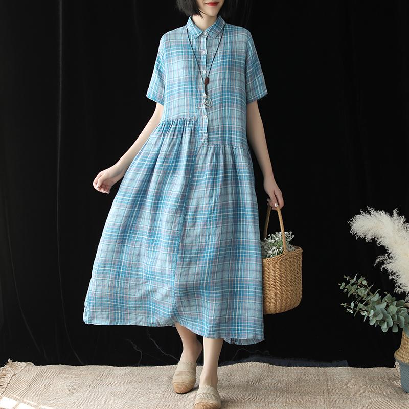 Linen Plaid Short Sleeve Casual Dress