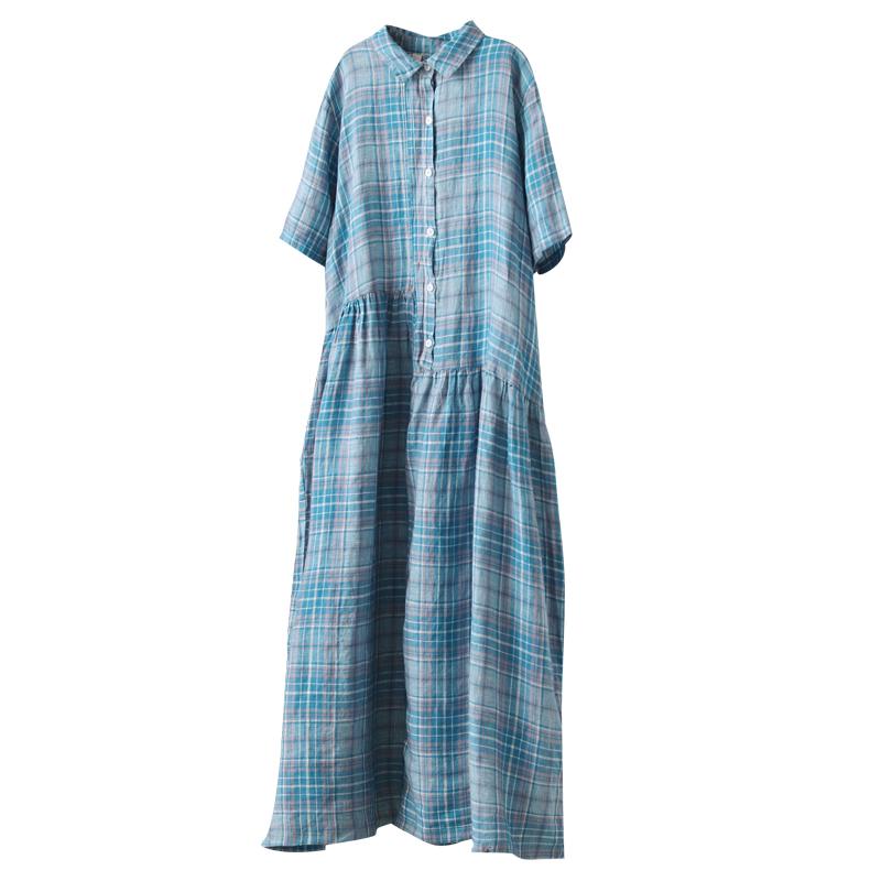 Linen Plaid Short Sleeve Casual Dress