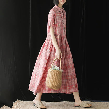 Linen Plaid Short Sleeve Casual Dress