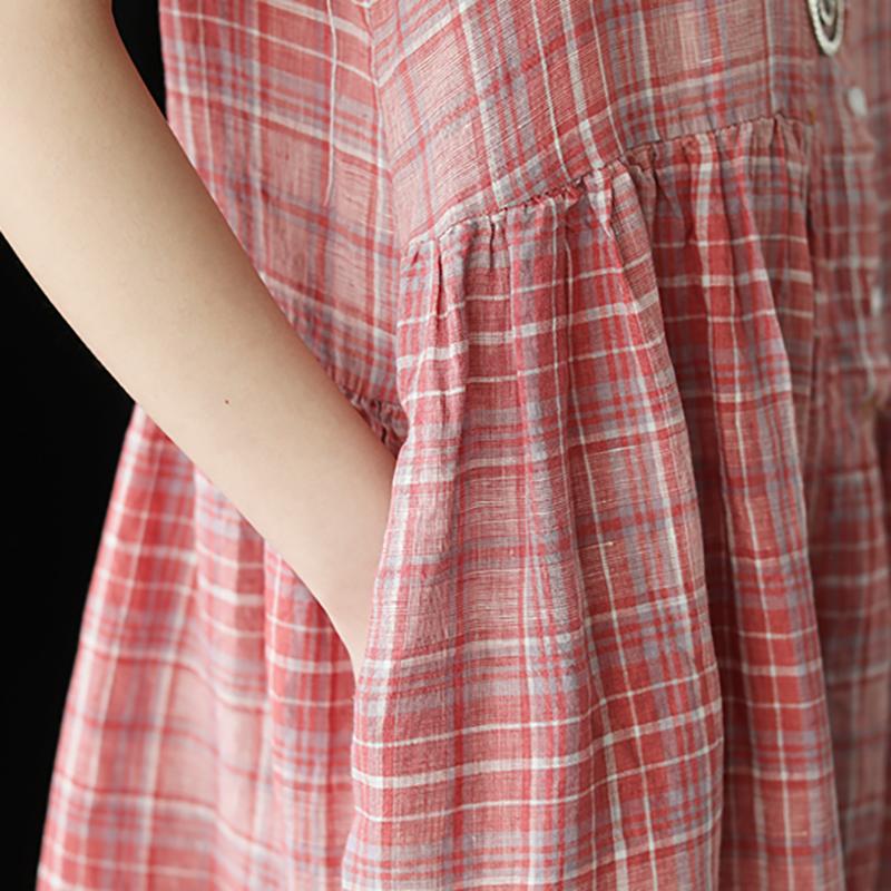 Linen Plaid Short Sleeve Casual Dress