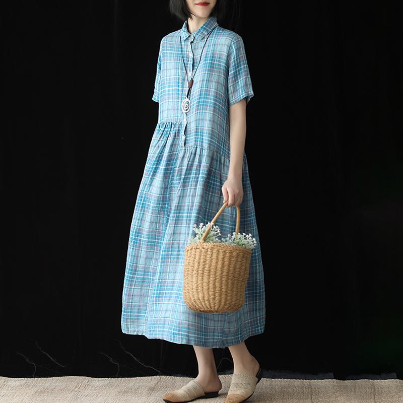 Linen Plaid Short Sleeve Casual Dress