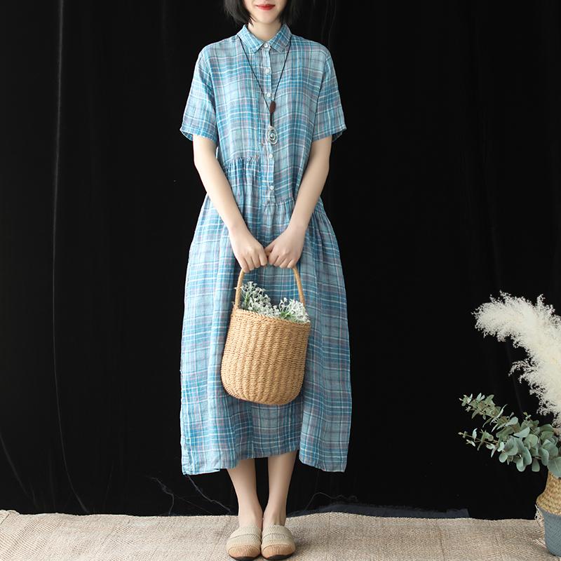 Linen Plaid Short Sleeve Casual Dress