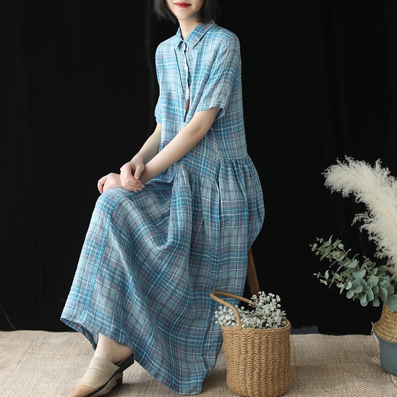 Linen Plaid Short Sleeve Casual Dress