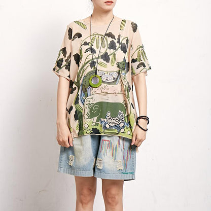 Linen Round Neck Short Sleeve Print Blouse