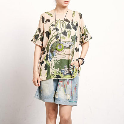 Linen Round Neck Short Sleeve Print Blouse