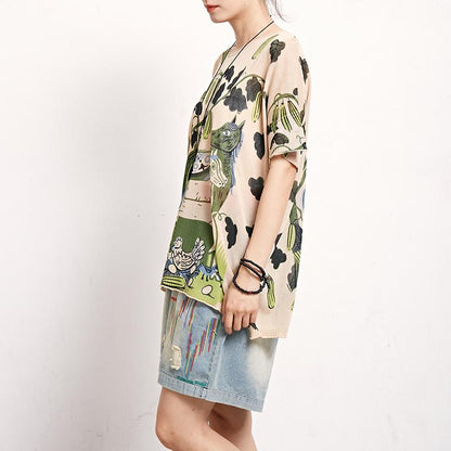 Linen Round Neck Short Sleeve Print Blouse