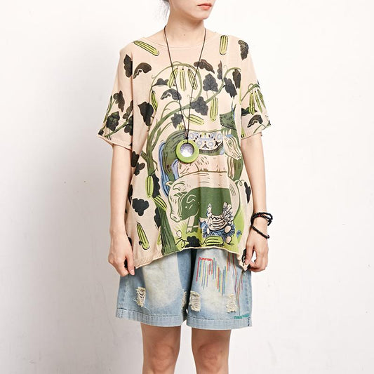 Linen Round Neck Short Sleeve Print Blouse