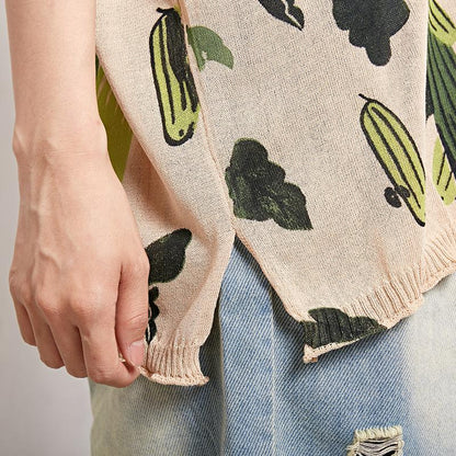 Linen Round Neck Short Sleeve Print Blouse