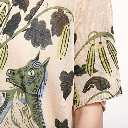 Linen Round Neck Short Sleeve Print Blouse