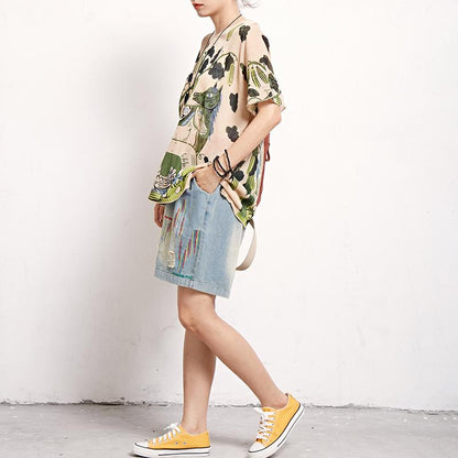 Linen Round Neck Short Sleeve Print Blouse