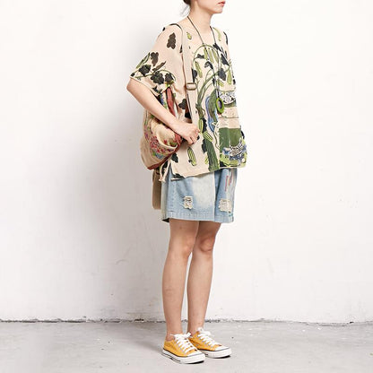 Linen Round Neck Short Sleeve Print Blouse