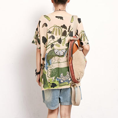 Linen Round Neck Short Sleeve Print Blouse