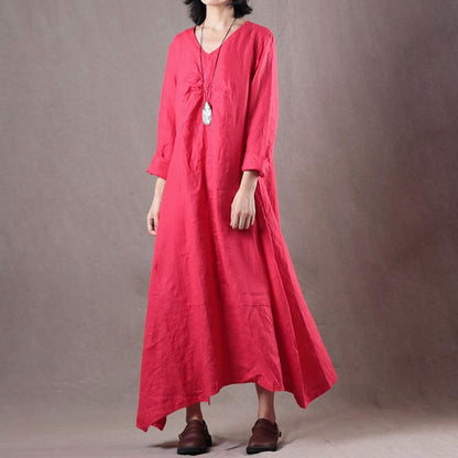 Linen Solid Loose A-Line Irregular Hem Casual Dress