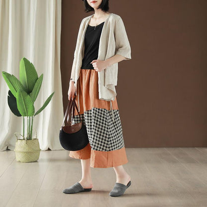 Linen Spliced Plaid Vintage Elastic Waist Skirt