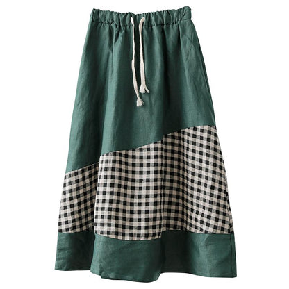 Linen Spliced Plaid Vintage Elastic Waist Skirt