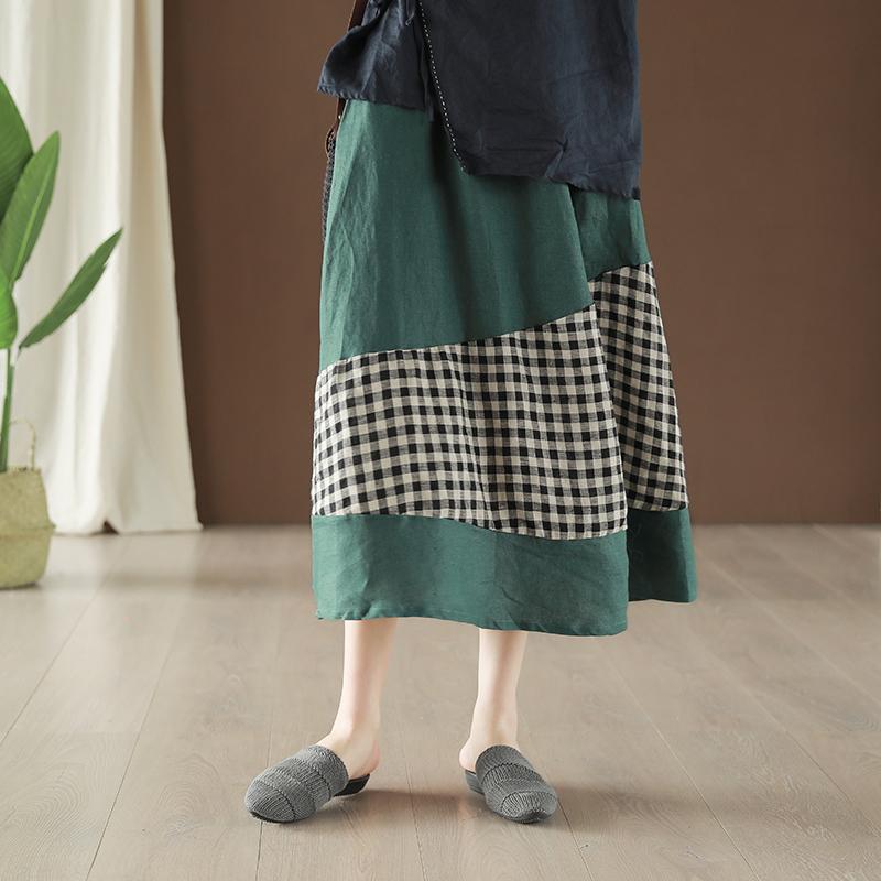 Linen Spliced Plaid Vintage Elastic Waist Skirt